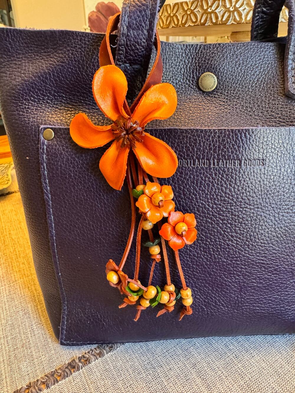 Orange Daisy Flower Bag Charm Genuine Leather Purse Charm Flowers